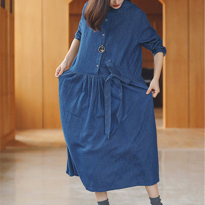 Baggy Denim Blue Long Cotton Linen Dresses Turn-down Collar Tie Waist Traveling Dress Fine Long Sleeve Baggy Dresses