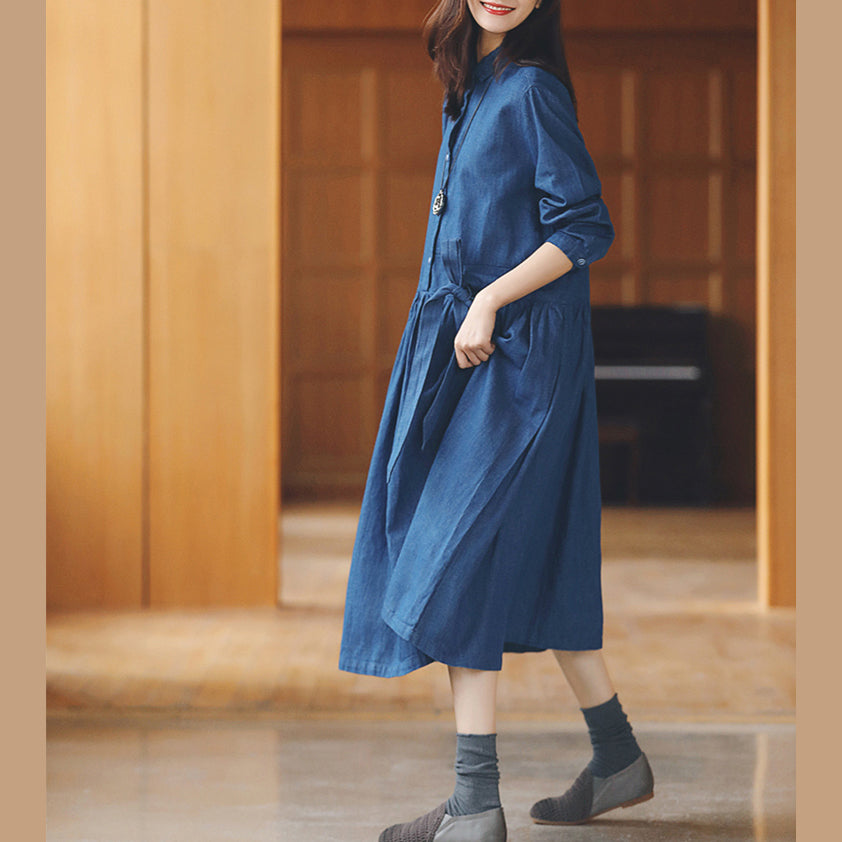 Baggy Denim Blue Long Cotton Linen Dresses Turn-down Collar Tie Waist Traveling Dress Fine Long Sleeve Baggy Dresses