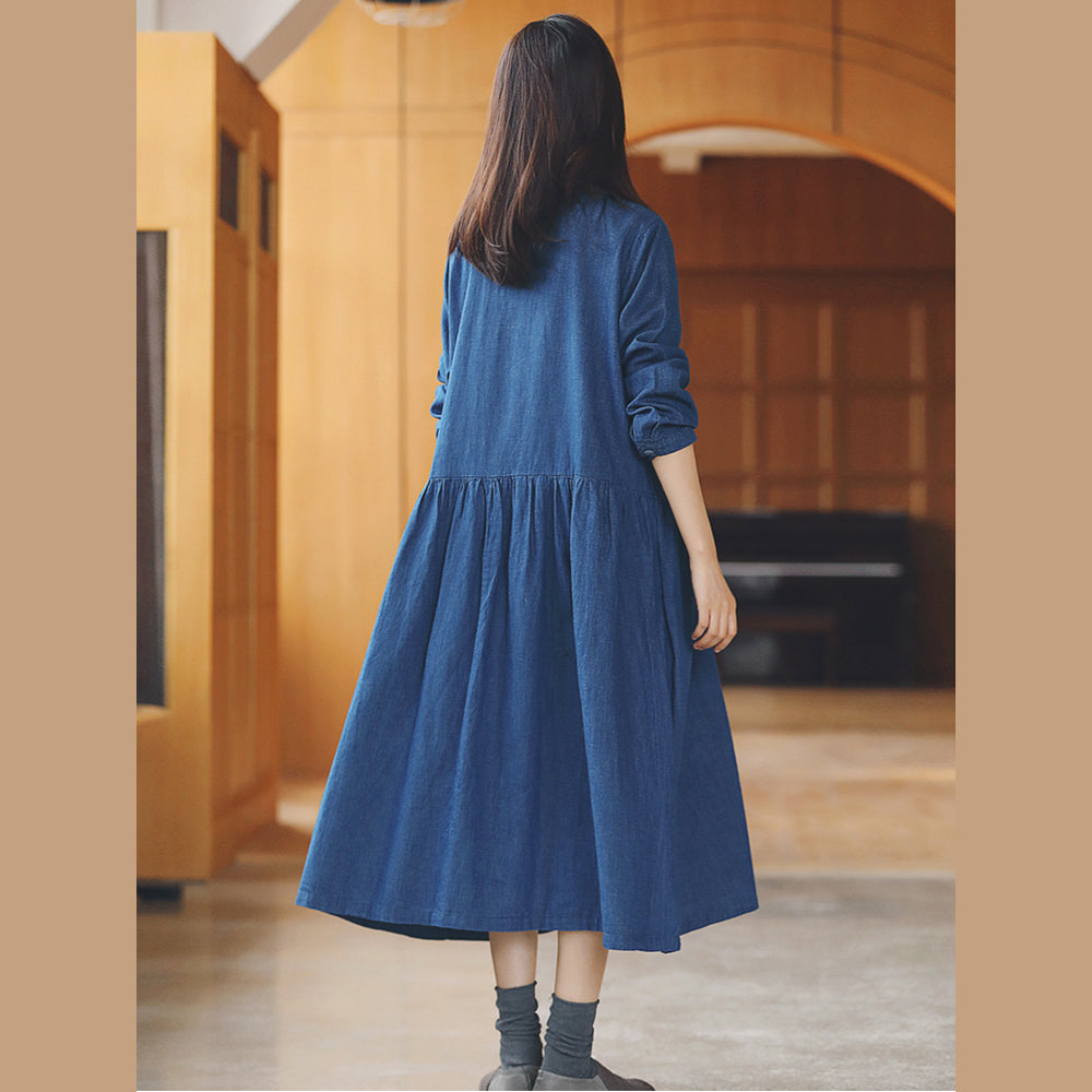 Baggy Denim Blue Long Cotton Linen Dresses Turn-down Collar Tie Waist Traveling Dress Fine Long Sleeve Baggy Dresses