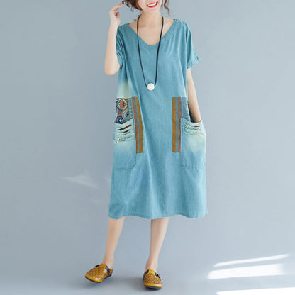 Baggy Denim Blue Pure Cotton Dresses Clothing Holiday Dresses New Short Sleeve Pockets V Neck Print Dress