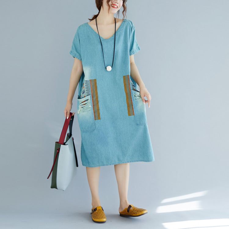 Baggy Denim Blue Pure Cotton Dresses Clothing Holiday Dresses New Short Sleeve Pockets V Neck Print Dress