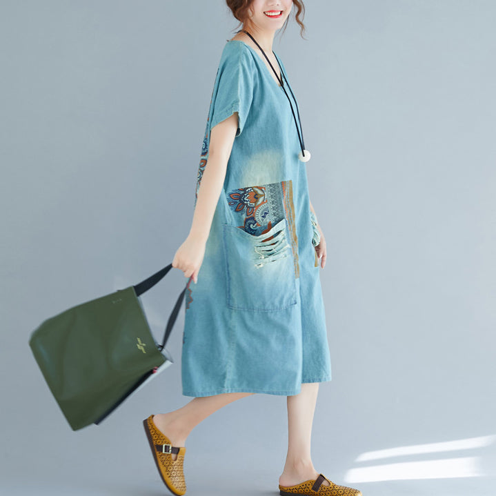 Baggy Denim Blue Pure Cotton Dresses Clothing Holiday Dresses New Short Sleeve Pockets V Neck Print Dress
