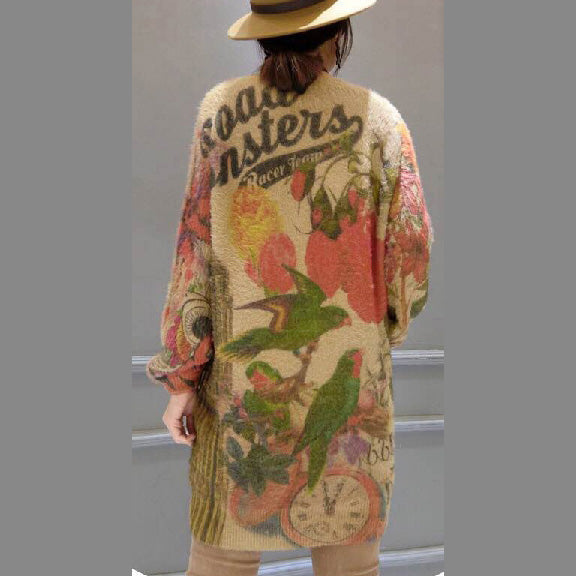 Baggy Loose Bird Print Woolen Blended Sweater Tops Elastic Knit Pullover