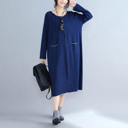Baggy New Navy Knit Dresses Loose Long Sleeve Pockets Sweater Dress