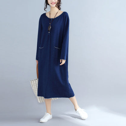 Baggy New Navy Knit Dresses Loose Long Sleeve Pockets Sweater Dress