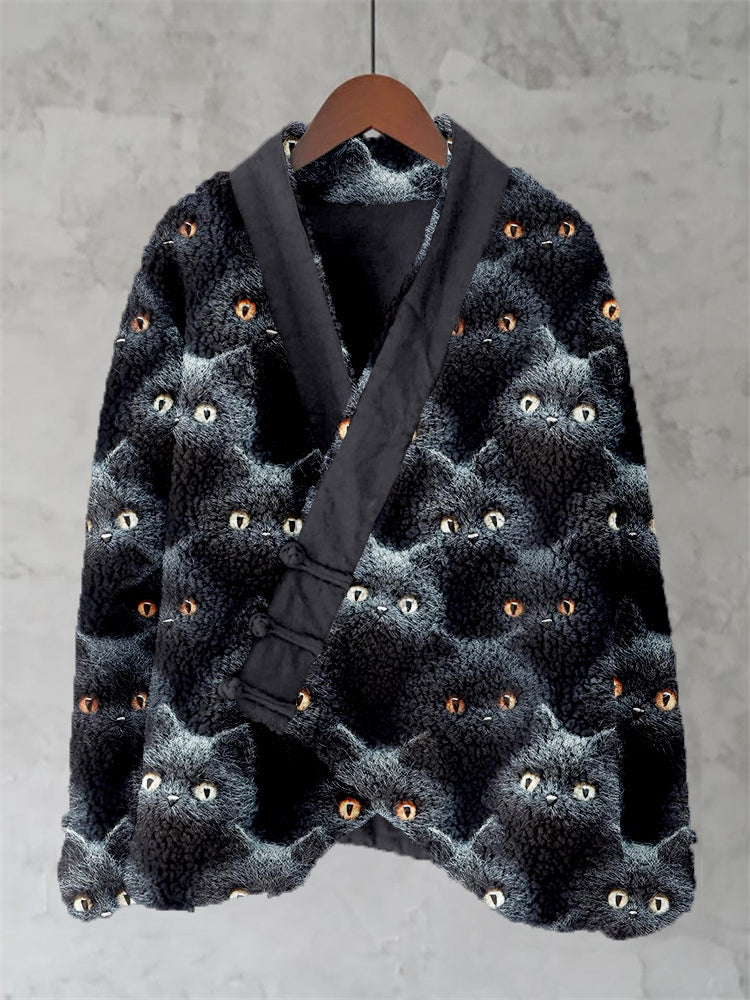 Cute Black Cats Felt Art Cozy Fleece Kimono Cardigan