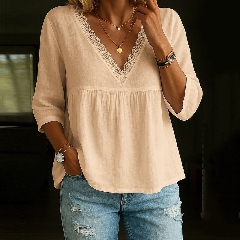 Women's Vintage Lace Cotton And Linen V-neck T-shirt artswardrobe