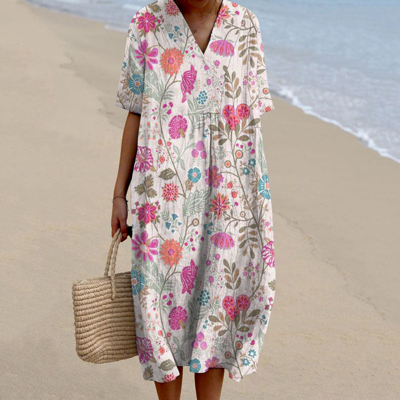 Comstylish Women's Pastoral Floral Art Print Casual Cotton Linen Dress