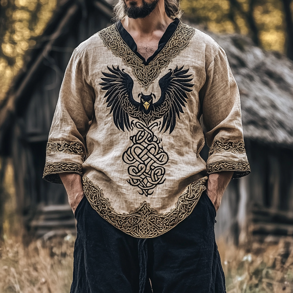 Vintage Men's Viking Eagle Rune Print Linen Shirt artswardrobe