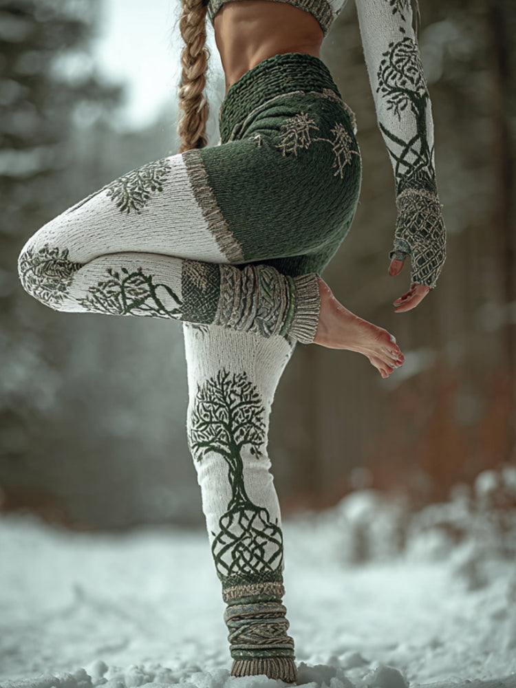 Comstylish Women's Viking Style Tree Of Life Color Blocked Leggings