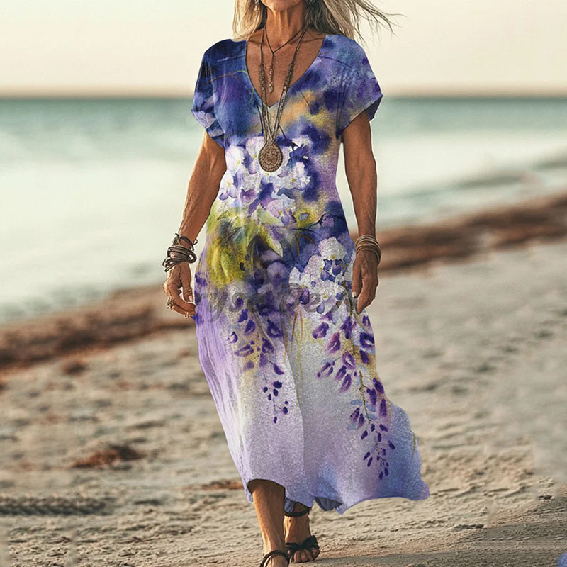 Vintage Purple Floral Art Pattern Casual Maxi Dress artswardrobe