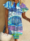 Blue Fish Print Ruffled Short-sleeved V-neck Buttoned Dress Vacation Beach Dress