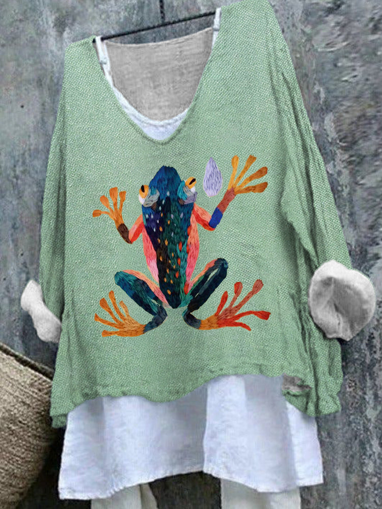 Comstylish Colorful Frog Embroidery Art Linen V-Neck T-Shirt