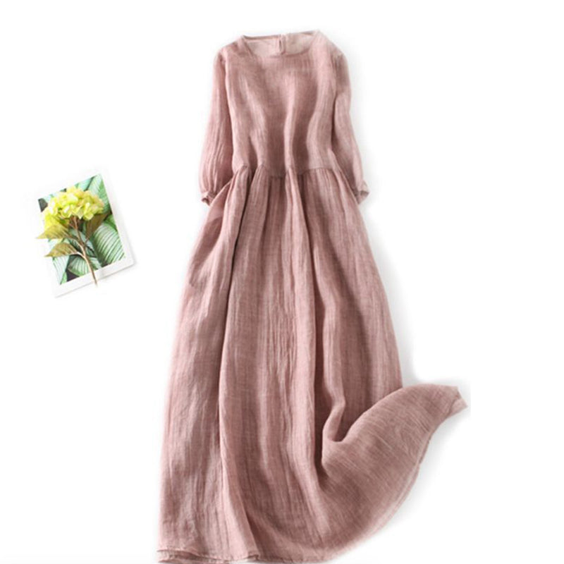 Comstylish Vintage Solid Cotton Linen Pleat Maxi Dress