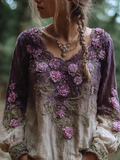Comstylish Bohemian Style Round Neck Long Sleeve 3d Purple Flower Design Cotton And Linen Top For Women