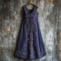 Vintage Bohe Purple Floral Embroidery  Art Linen Tank Dress artswardrobe