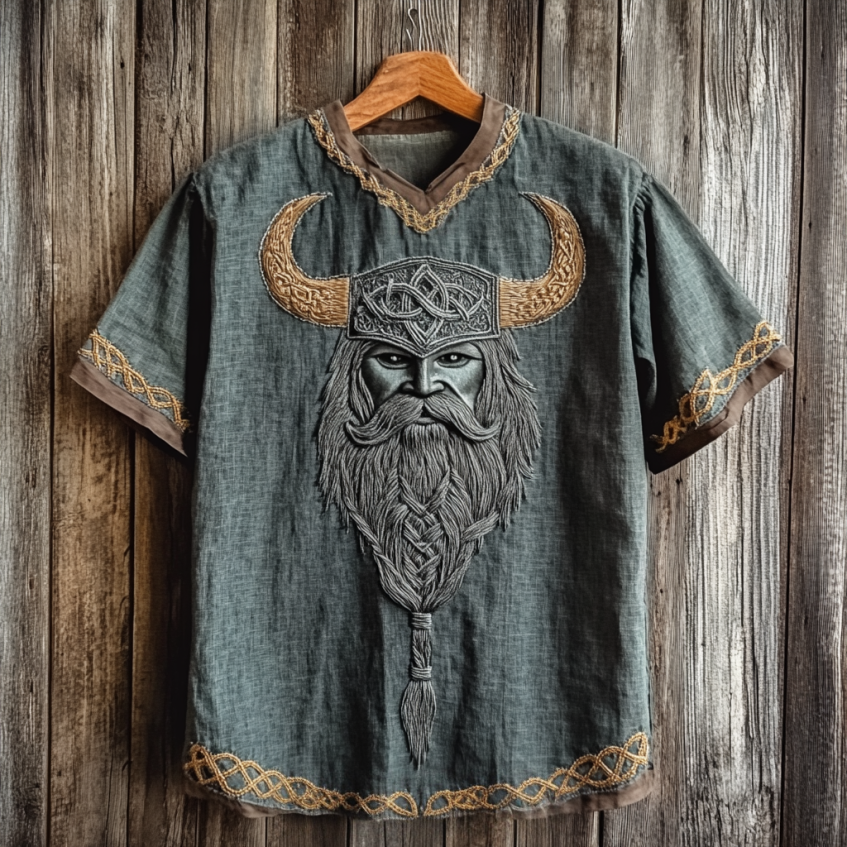 Men's Viking Tribal With Celtic Knotwork Embroidered Linen T-shirt artswardrobe