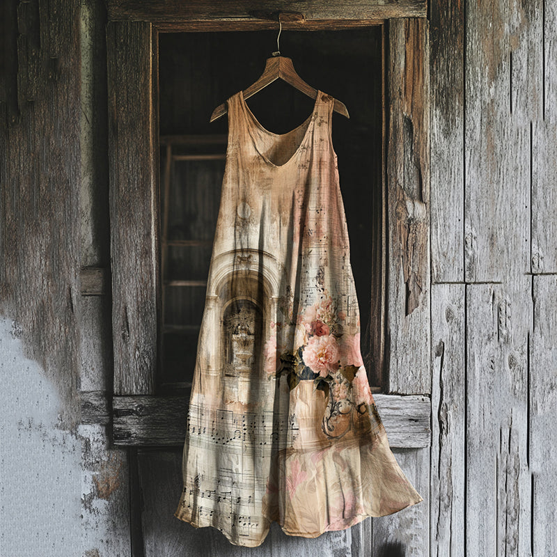Vintage Floral Art Print Linen Blend Tank Dress artswardrobe
