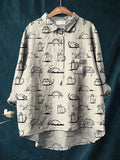 Women's Cat Art Print Casual Cotton And Linen Shirt