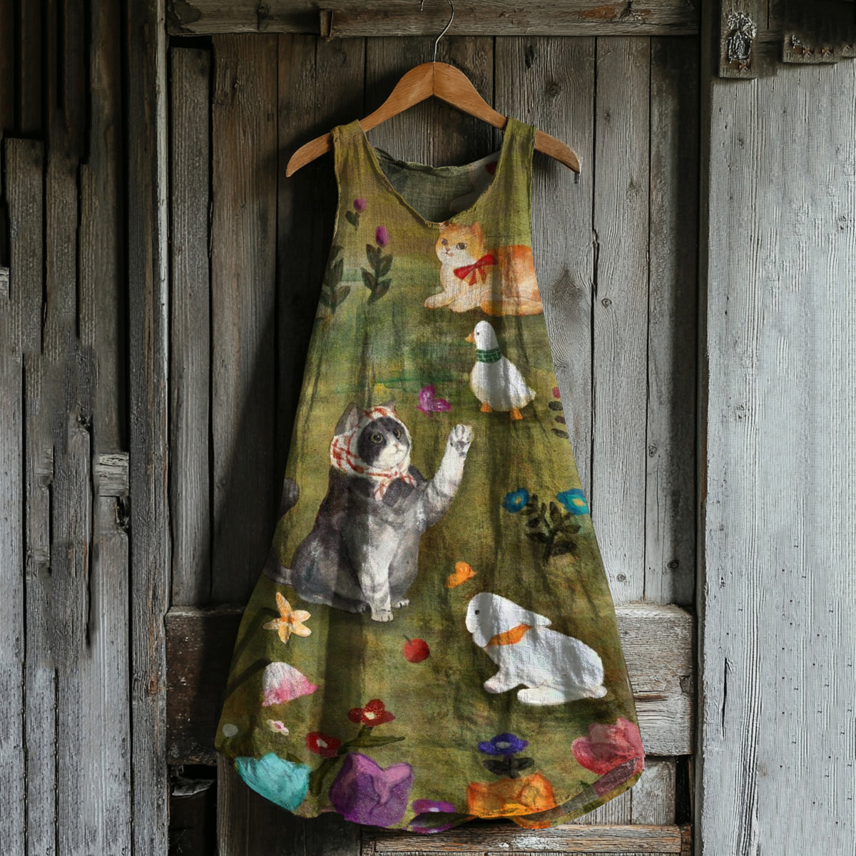 Abstract Creative Cute Cats And Farm Family Art Linen Blend Tank Dress artswardrobe