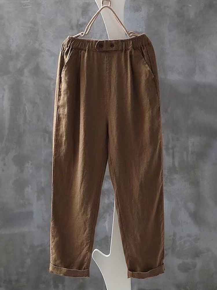 Comstylish Women's Simple Linen Blend Elastic Waist Casual Pants