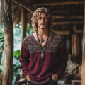 Men's Vintage Bohemian Holiday Style Linen Printed Casual Long Sleeve Tops artswardrobe