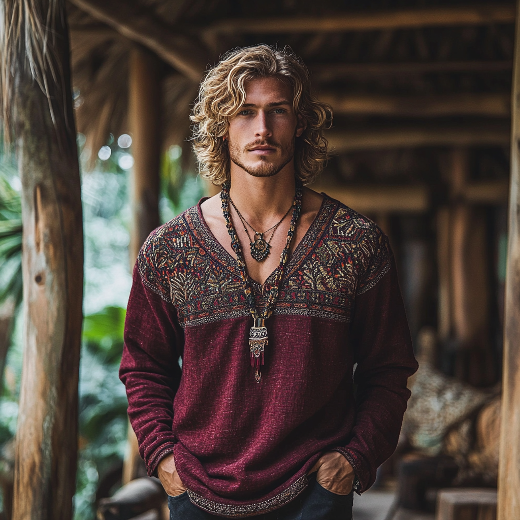 Men's Vintage Bohemian Holiday Style Linen Printed Casual Long Sleeve Tops artswardrobe