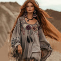 Boho Floral Embroidery Art Cotton And Linen Blend Casual Blouse artswardrobe