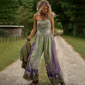 Vintage Classy Gradient Purple Lavender And Floral Embroidered Pattern Art Cotton Linen Jumpsuit artswardrobe