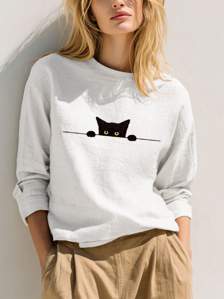 Comstylish Women's Casual Funny Black Cat Print T-shirt