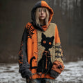 Women's Black Cat Patchwork Stitched Cozy Knit Hooded artswardrobe