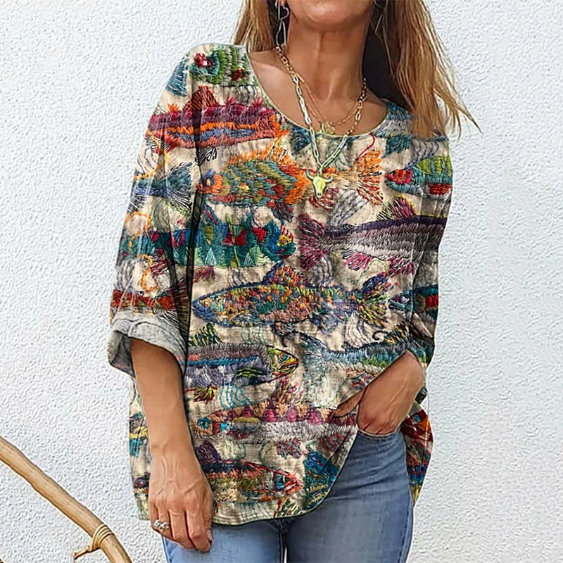 Women's Retro Ethnic Fish Patchwork Art Print Shirt artswardrobe