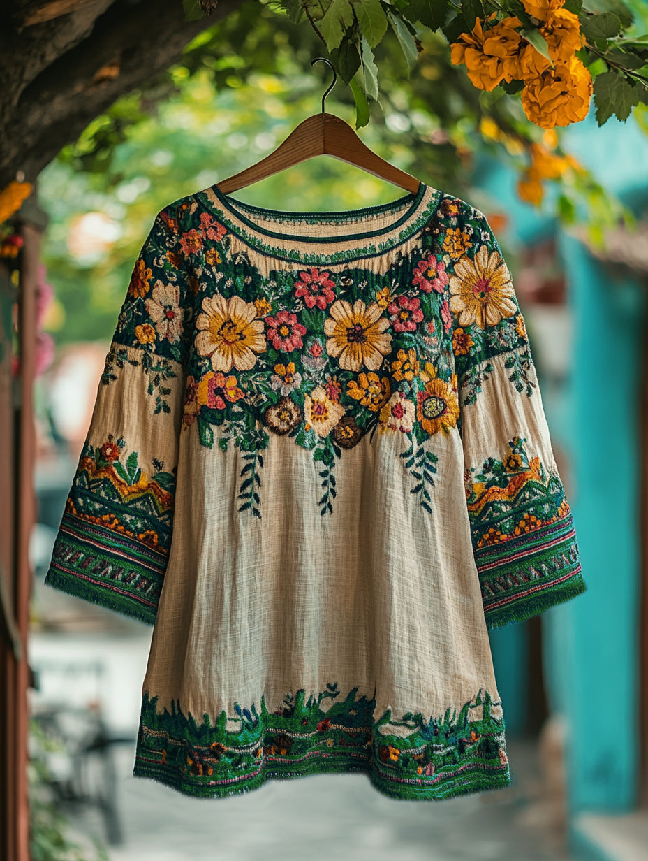 Women's Bohemian Vacation Floral Round Neck T-shirt artswardrobe