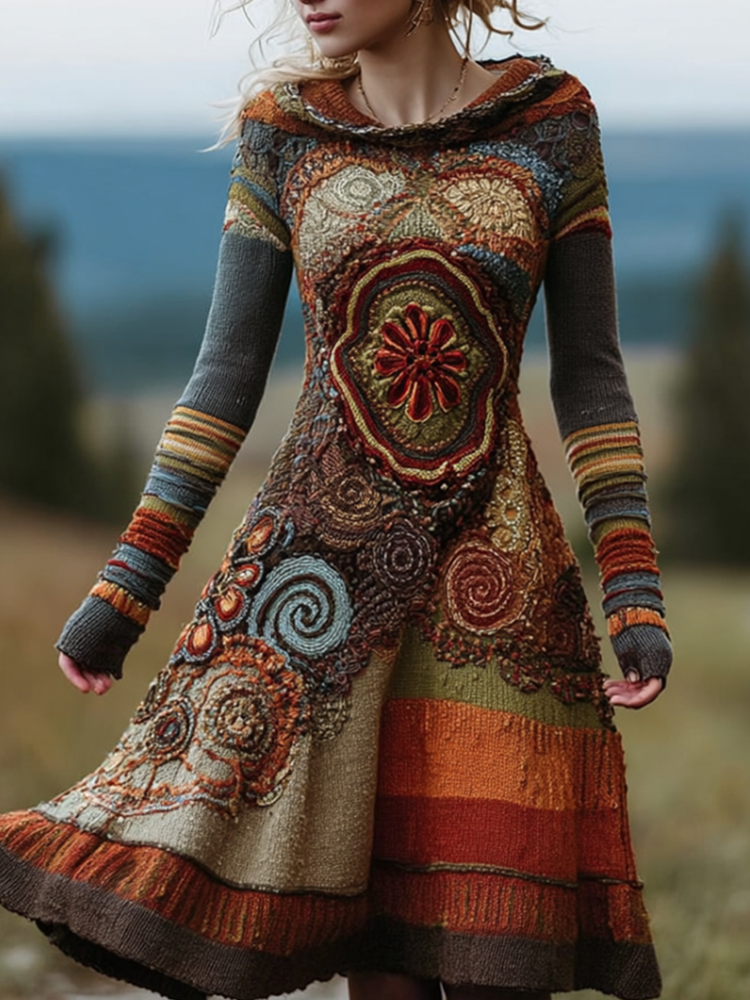 Bohemian Style Autumn And Winter Warm Women's Hooded Knitted Sweater Dress
