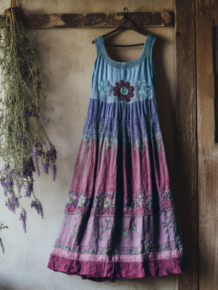 Vintage Bohemian Lavender Embroidery Patchwork Art Sleeveless  Cozy Linen Maxi Dress artswardrobe