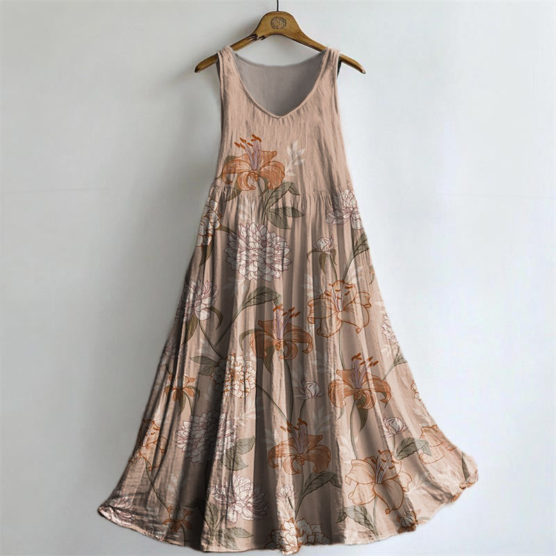 Women's Vintage Floral Pattern Art Print Round Neck Sleeveless Cotton