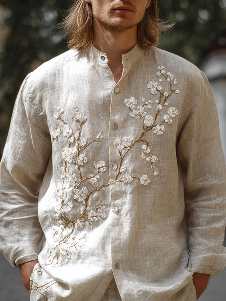 Bohemian White Plum Blossom Embroidery Vintage Long-sleeved Shirt artswardrobe