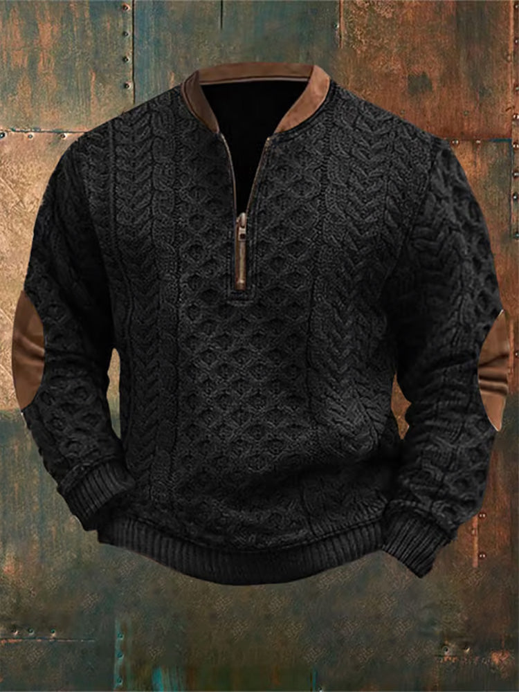 Men's Retro Western Textured Print Zipper Neck Knit Sweatshirt elevenforest