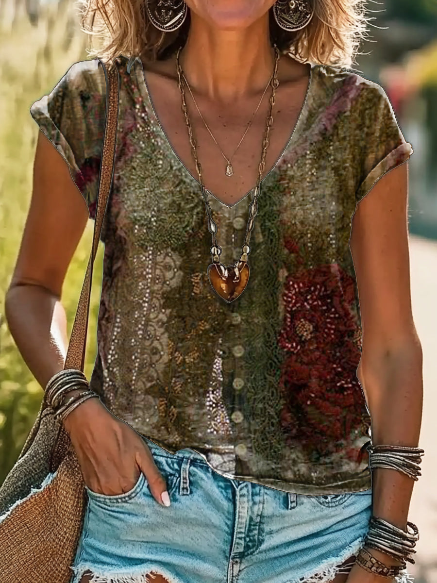 Vintage Lace Floral Art Print 100%Cotton V-neck T-Shirt