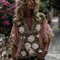 Women's Classic Romantic Pink Rose Embroidery Art Comfy Linen Shirts artswardrobe