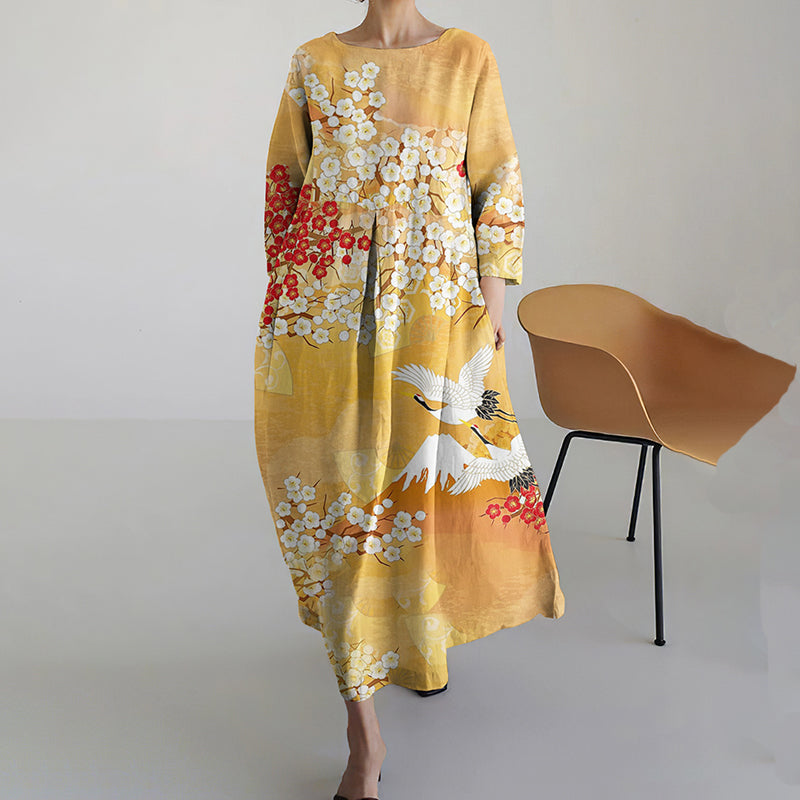 Comstylish Japanese Cherry Blossom And Crane Art Print Cotton And Linen Dress