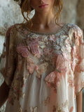 Boho Pink Butterflies Glitter Embroidered Flowy Linen Tunic artswardrobe