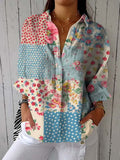 Comstylish Women's Vintage Botanical Floral Patchwork Art Print Design Lapel Shirt