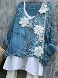 Comstylish Floral Embroidery Art Linen Blend Vintage Shirt