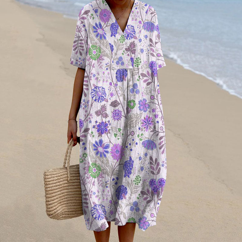 Comstylish Women's Pastoral Floral Art Print Casual Cotton Linen Dress