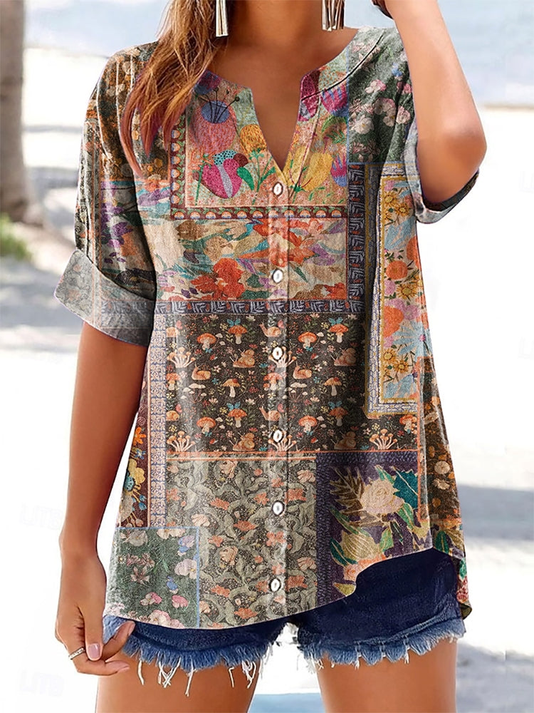 Women's Floral Pattern Art Print Cotton Linen Casual Shirt