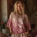 Vintage Crane Cherry Blossom Gradient Art Linen Three-quarter Sleeves Shirts artswardrobe