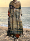 Vintage Stitching Embroidery Pattern Women's Linen Maxi Dress artswardrobe