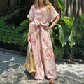 Women's Pink Floral Print Short Sleeve Pants Two-piece Set artswardrobe
