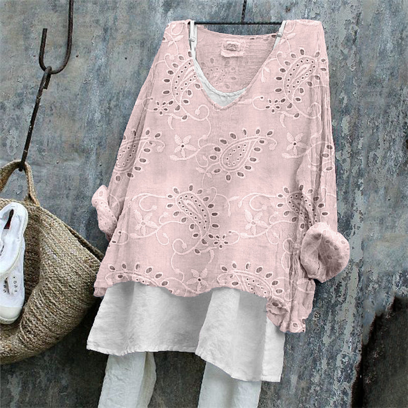 Comstylish Vintage Western Paisley Floral Embroidered Lace Linen Blend Tunic